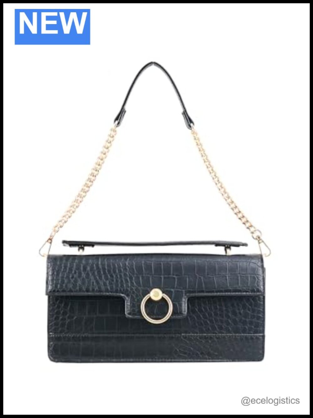 Women's Clutch Shoulder Bag with Chain Strap & Gold Accents, Ring Lock Closure,